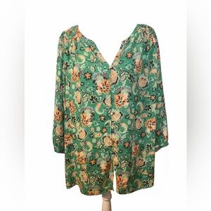 Rose + Olive Plus Size 2X Green Floral Paisley Boho Peasant Office Blouse Top